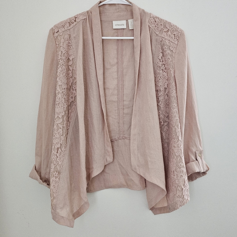 Blush Pink Open-Front Lace Detail Cardigan Blazer Womens Size L (Chicos Size 2)